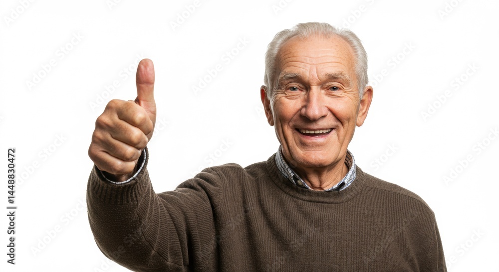 A smiling senior man wearing a brown sweater gives a thumbs up on a white background, projecting positivity and a sense of approval. A smiling senior man wearing a brown sweater gives a thumbs up on a white background, projecting positivity and a sense of approval.