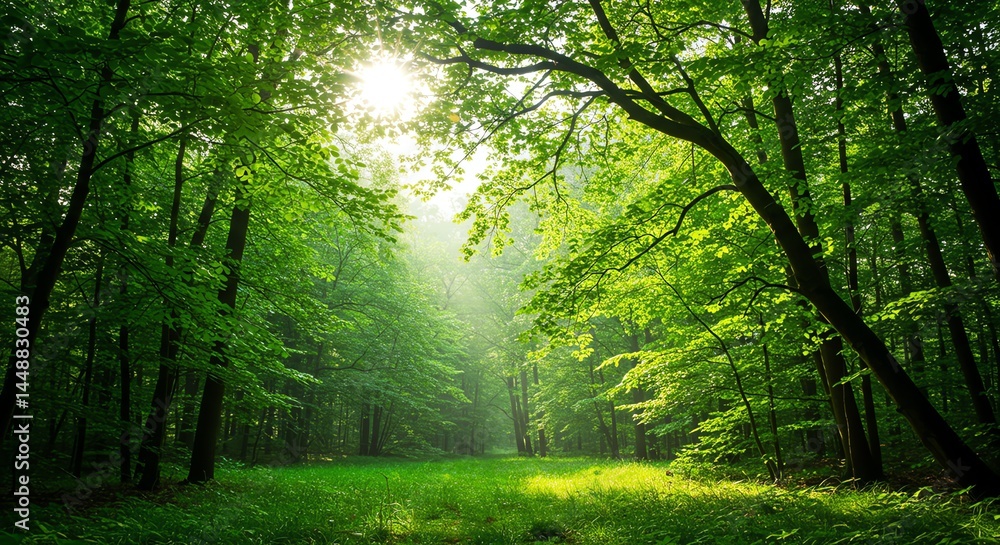 Naklejka premium Sunlit Forest Path: Lush Greenery and Serene Sunlight