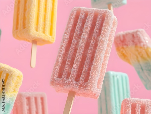 Floating Pastel Popsicles on Pink Background – Summer Minimalist Concept

