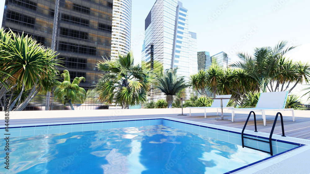Fototapeta premium An aerial view of a swimming pool. Swimming pool blue water in summer. Summer vacation holiday. A swimming pool in a hotel. 