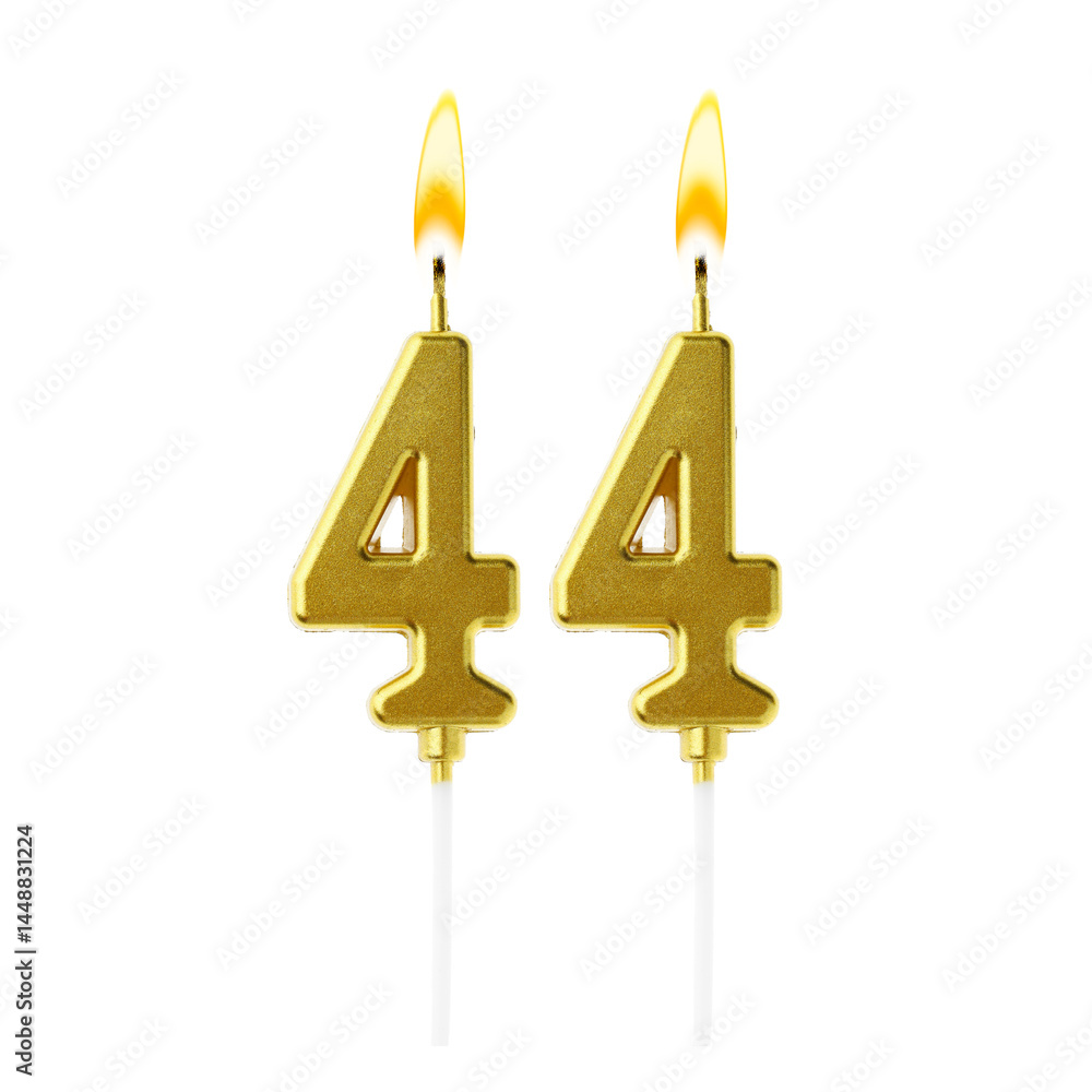Burning golden cake candles composing number 44 on white background. Festive decoration for birthday or other special date Burning golden cake candles composing number 44 on white background. Festive decoration for birthday or other special date