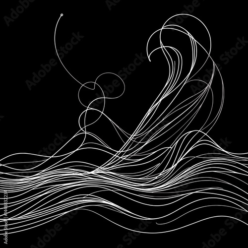 Abstract line drawing of flowing waves on a black background copy space
