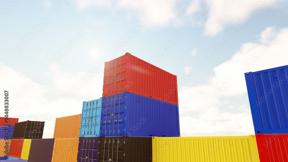 Fototapeta premium Cargo container stack. Export logistics shipping transportation. Stacked containers. Containers cargo shipping. Logistic transportation industry. Freight import-Export. Distribution warehouse. 
