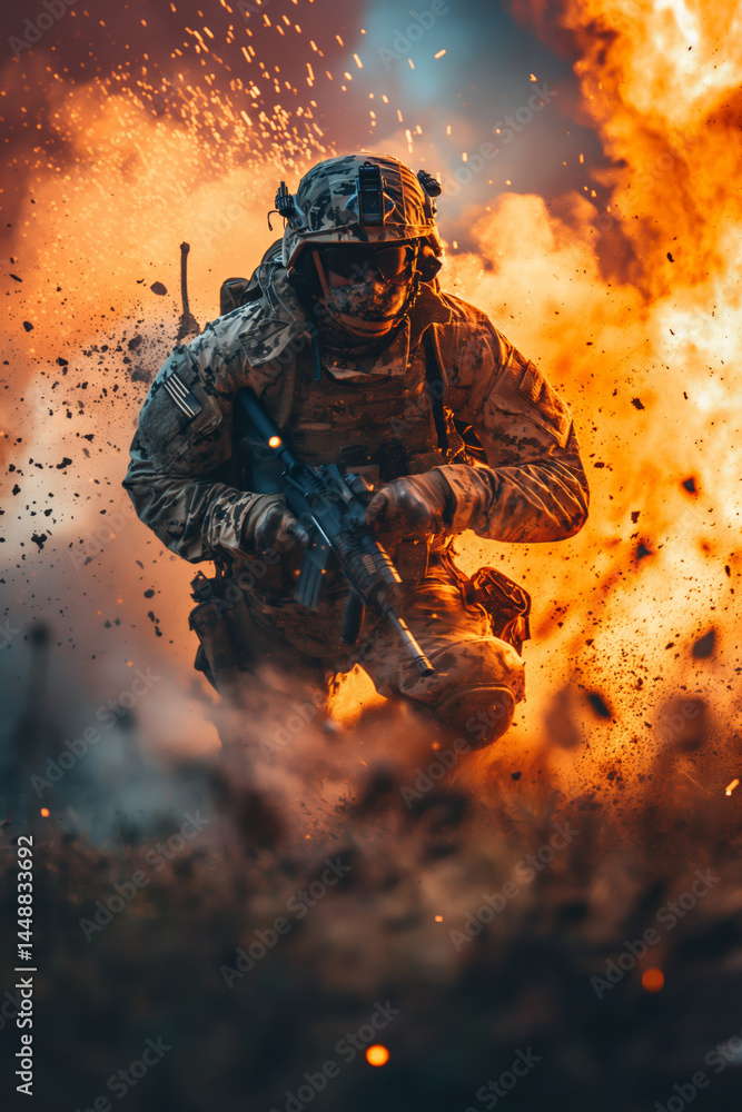 Fototapeta premium Armored warrior kneeling with rifle in front of explosion in dystopian battle scene