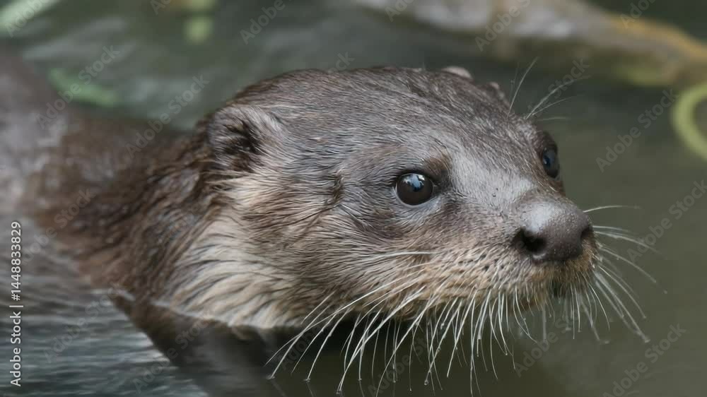 Close-up of a swimming otter with wet fur and whiskers in murky water, a wild animal aquatic mammal in a natural habitat, outdoors Close-up of a swimming otter with wet fur and whiskers in murky water, a wild animal aquatic mammal in a natural habitat, outdoors