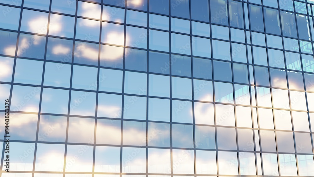 Skyscraper glass building close up. It's the photo of reflection of blue sky and clouds in windows of skyscraper. It is close up view of glass window wall of building in midday. Modern architecture Skyscraper glass building close up. It's the photo of reflection of blue sky and clouds in windows of skyscraper. It is close up view of glass window wall of building in midday. Modern architecture