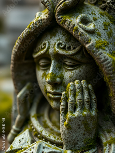 Closeup of an antique mossy stone artifact of a grieving saint