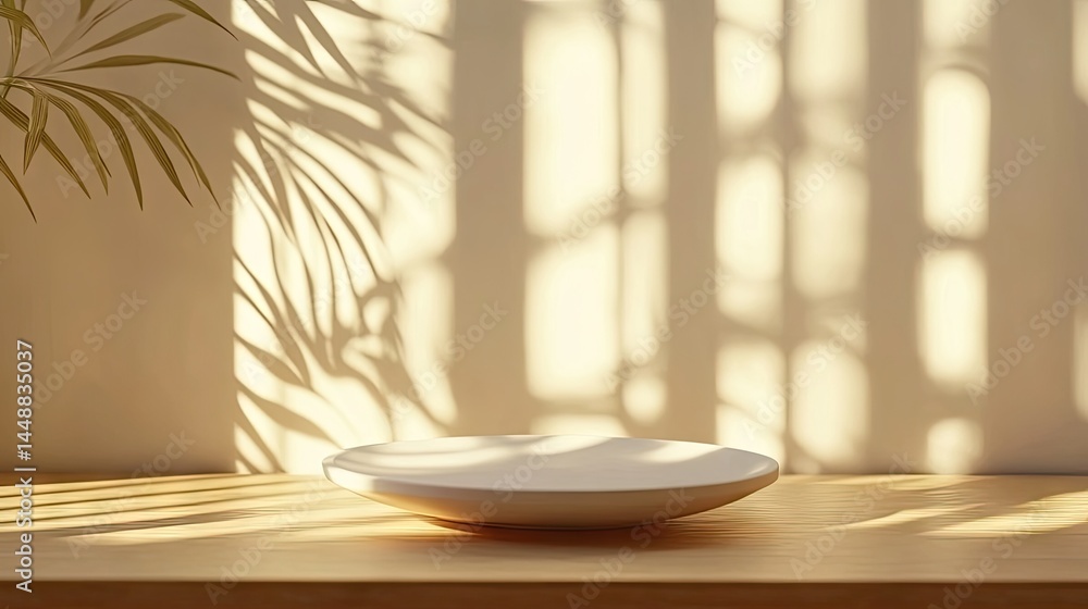 Empty white plate on wooden surface, sunlit shadows and tropical leaves. Empty white plate on wooden surface, sunlit shadows and tropical leaves.