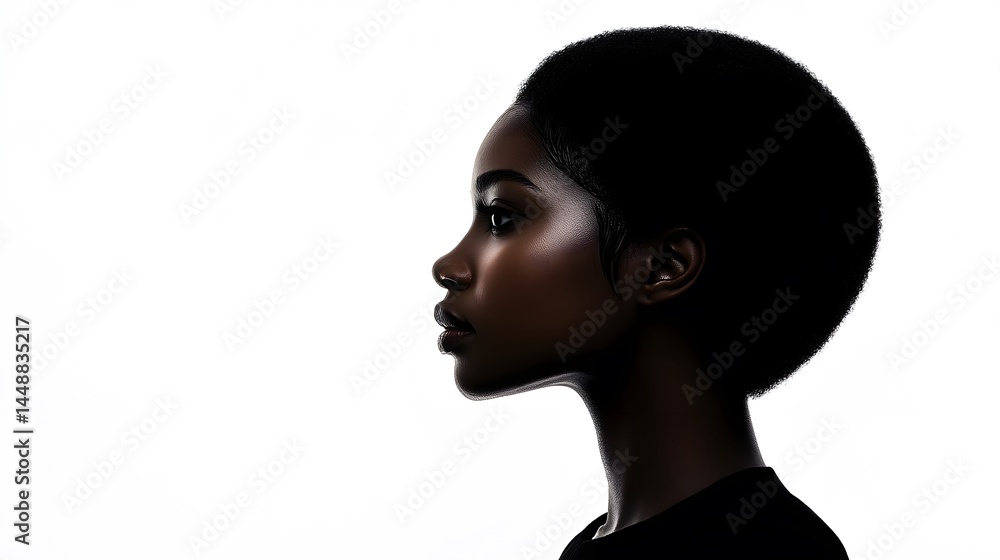 Elegant Black Woman Profile Portrait, Dark Skin Tone, Short Hair, Side View Elegant Black Woman Profile Portrait, Dark Skin Tone, Short Hair, Side View