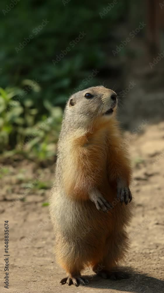 Alert groundhog stands upright on dirt ground observing surroundings attentively in outdoor environment with blurry green vegetation. Alert groundhog stands upright on dirt ground observing surroundings attentively in outdoor environment with blurry green vegetation.