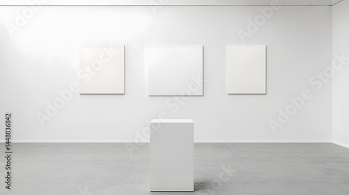 Modern Gallery Interior Mockup,  White Cube Pedestal and Blank Canvases