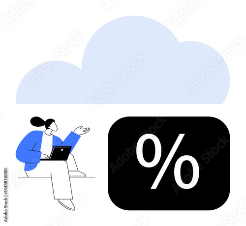 Person with laptop gesturing near large cloud and percentage sign. Ideal for technology, cloud computing, finance, data analysis, remote work, savings, digital economy. Flat simple metaphor