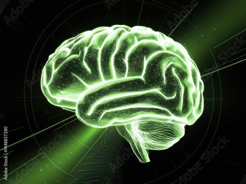 Green Glowing Wireframe Human Brain on Dark Background