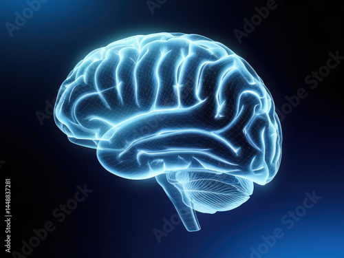 Blue Glowing Wireframe Human Brain on Dark Background