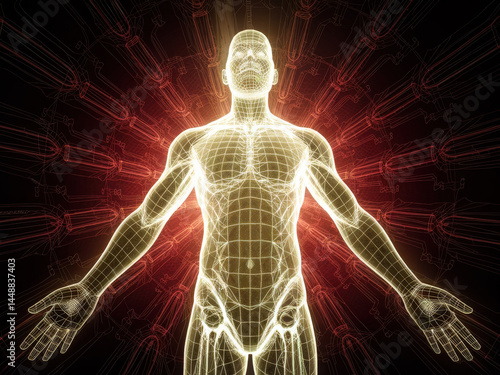 Futuristic 3D Wireframe Human Figure with Sci-Fi Background