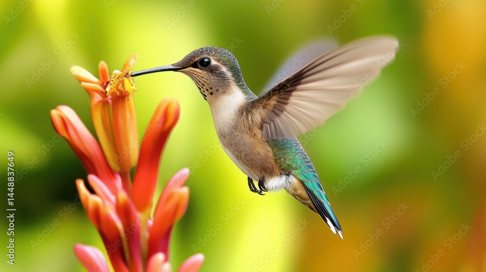 Fototapeta premium Hovering Hummingbird Feeds on Nectar from Tropical Flower