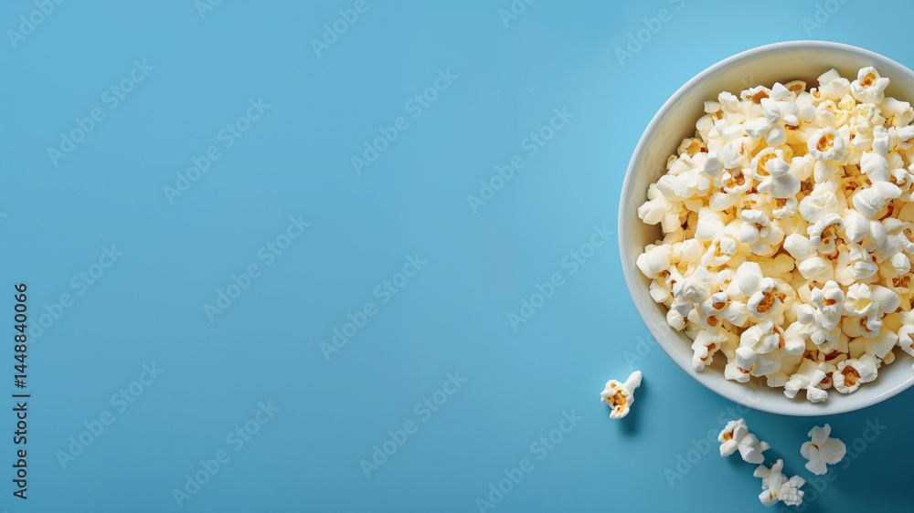 White bowl of popcorn on light blue background. Cinema food and snack concept. White bowl of popcorn on light blue background. Cinema food and snack concept.