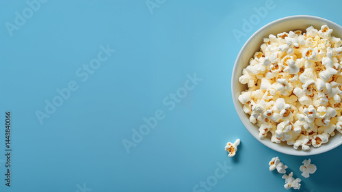 White bowl of popcorn on light blue background. Cinema food and snack concept.