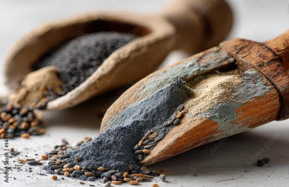 Raw Black Poppy Seeds in Wooden Scoops on a White Surface Raw Black Poppy Seeds in Wooden Scoops on a White Surface