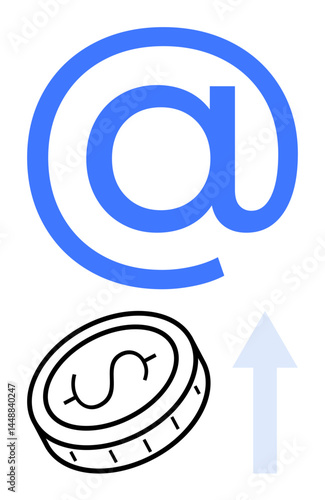 Blue email sign, dollar coin, and light upward arrow symbolizing online business growth, digital success, and profitable email marketing. Ideal for finance, e-commerce, communication, marketing