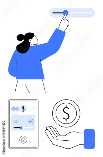 Woman adjusting toggle, smart home device interface with voice control and temperature settings, coin in hand symbol for savings. Ideal for smart technology, home automation, finance, innovation