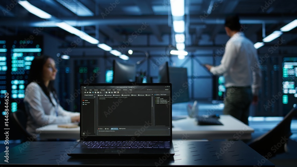 Focus on laptop used by engineers coding in modern data center, monitoring security threats. Close up of notebook used by employee in blurry background ensuring compliance with regulations, camera B Focus on laptop used by engineers coding in modern data center, monitoring security threats. Close up of notebook used by employee in blurry background ensuring compliance with regulations, camera B