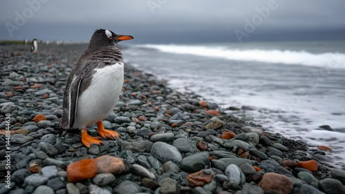 Gentoo penguin standing near ocean waves on a rocky beach with other penguins in the distant background under an overcast sky