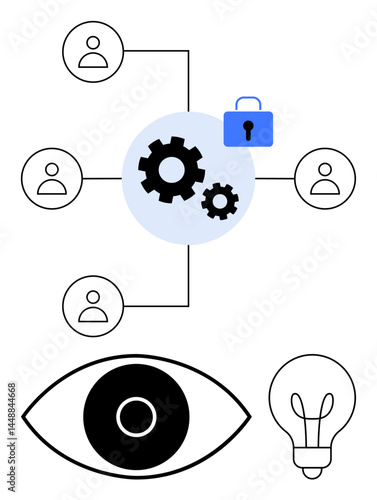 Gears linked with multiple users, a secured lock, eye icon, and light bulb highlighting security, teamwork, and innovation. Ideal for technology, networking, privacy teamwork innovation