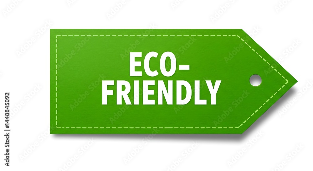 Fototapeta premium A green leaf-shaped tag with “Eco-Friendly” in white text, isolated on a white background, environmentally-conscious product label