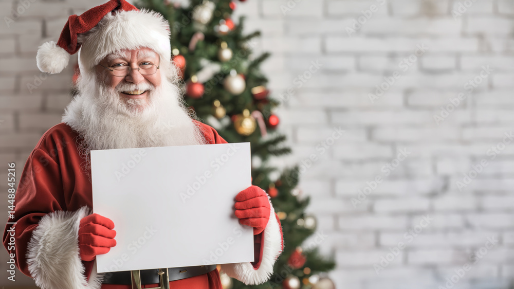 Naklejka premium Santa Claus holding blank paper near decorated tree. Christmas greeting and holiday message concept.