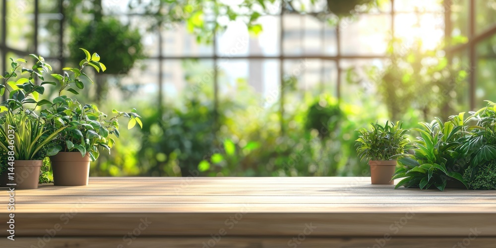 green plants in pots on a wooden table in a greenhouse green plants in pots on a wooden table in a greenhouse