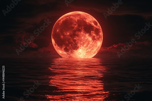 A large, red moon rising over a calm, reflective sea