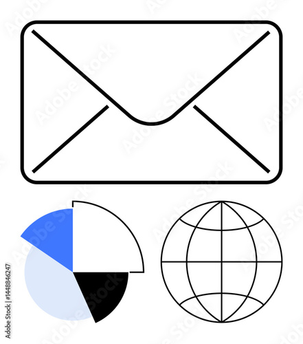 Envelope symbol paired with pie chart and globe grid, highlighting concepts of email, data analysis, and worldwide connectivity. Ideal for communication, marketing, data sharing, analytics