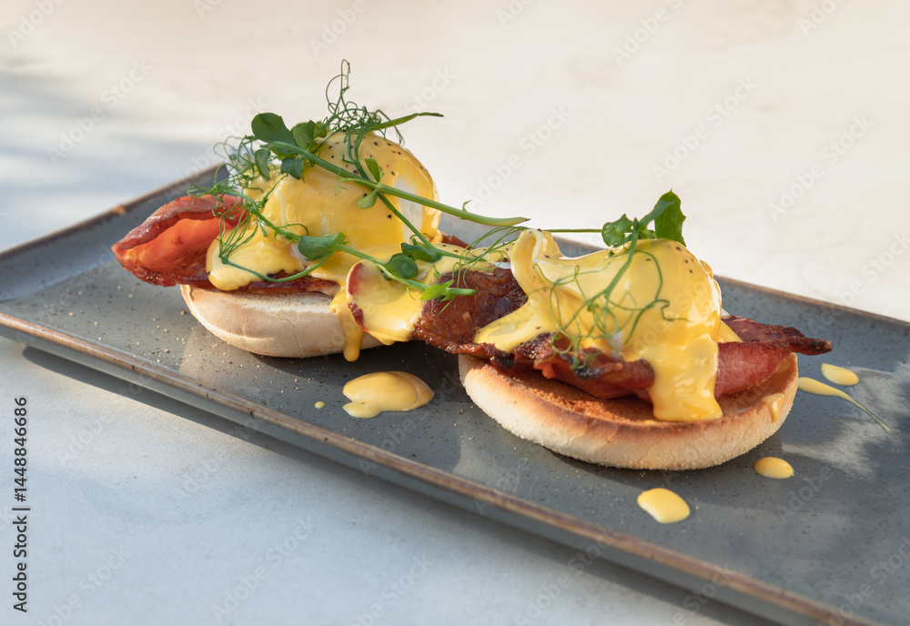 Eggs Benedict made with english muffin, grilled bacon, a brace of poached hen's eggs & hollandaise sauce and watercress served on ceramic tray. use it as your Wallpaper, Poster and Space for text.