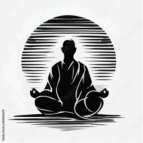 Meditating figure in tranquility with circular lines background  