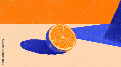 the image depicts a half of a citrus fruit against a starkly contrasting backdrop, created with bold, flat colors