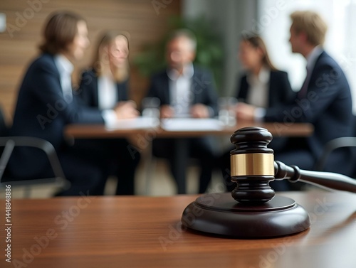 Judge gavel with Justice lawyers having team meeting at law firm background. Concepts of Law and Legal services.