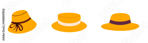 Collection of yellow sun hats with simple decorative bands and ribbons
