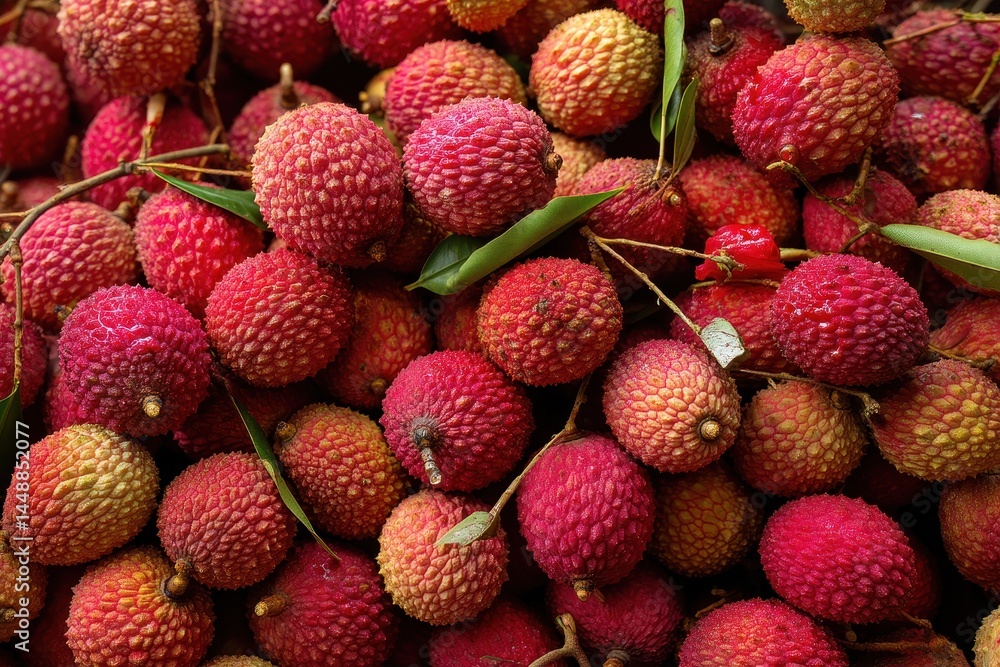 Background of exotic lychee fruits Full frame image of harvested litchis Asian cuisine Vertical shot Selective focus Background of exotic lychee fruits Full frame image of harvested litchis Asian cuisine Vertical shot Selective focus