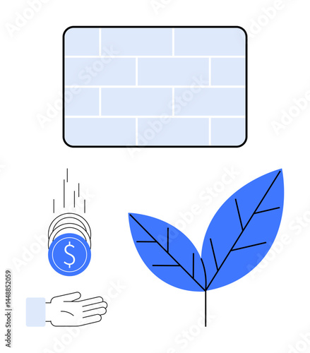 Coins falling into a hand, a growing leaf, and a brick wall symbolize investment, growth, stability, and sustainability. Ideal for finance, eco-business, economy secure system investment planning