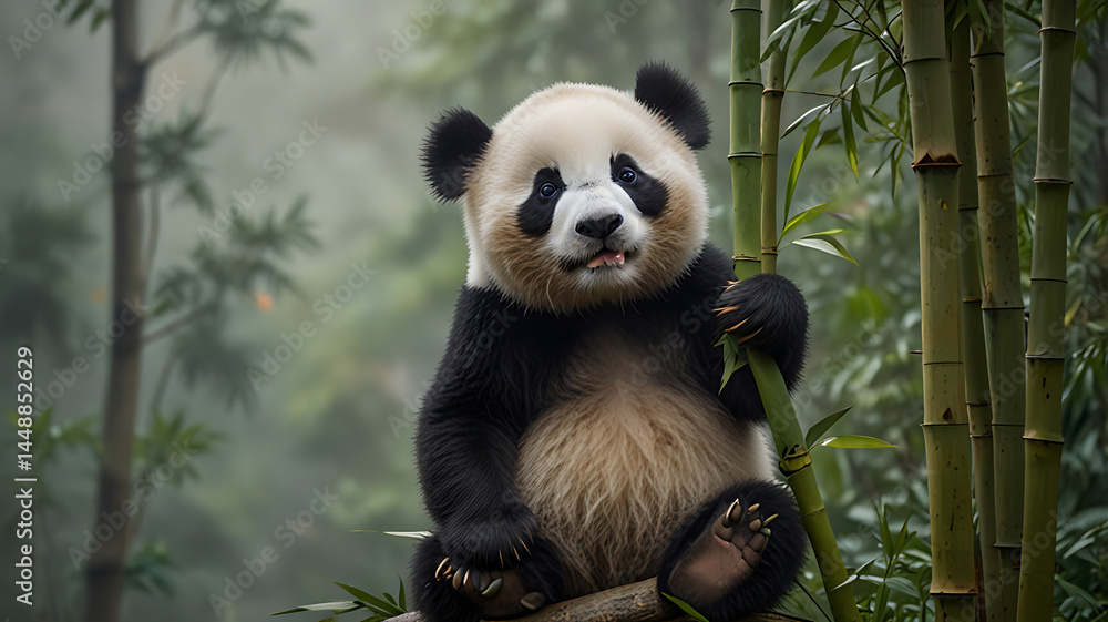 Obraz premium Endangered Panda in Bamboo Forest: Chinese Culture Icon and Wildlife Conservation Focus
