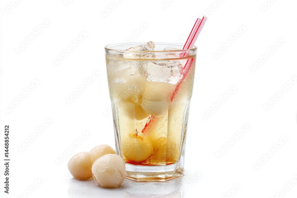 Chilled lychee juice in a glass with ice and a straw set against a white backdrop Chilled lychee juice in a glass with ice and a straw set against a white backdrop