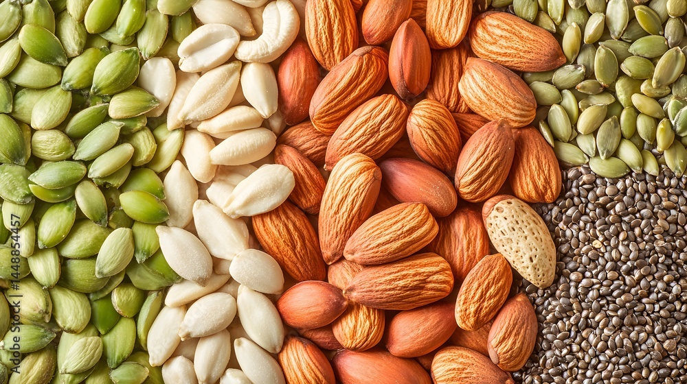 Naklejka premium Assorted Nuts and Seeds Background Texture, Almonds, Pumpkin Seeds, Chia Seeds, Peanuts