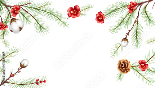 Watercolor christmas frame with fir branches, pine cone, cotton, leaves isolated on white background. Botanical winter greenery holiday illustration for wedding invitation card design, 8k. with whit