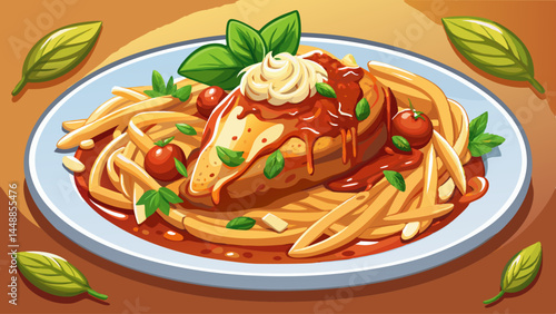 Juicy chicken cutlet topped with bubbling cheese.
Resting on a bed of penne in savory tomato sauce.
A cozy scene of rustic Italian cooking.
Ideal for rich, traditional cuisine vector design.

