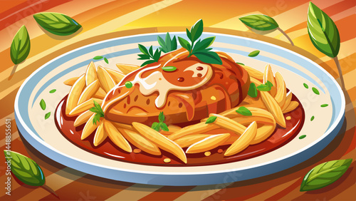 Juicy chicken cutlet topped with bubbling cheese.
Resting on a bed of penne in savory tomato sauce.
A cozy scene of rustic Italian cooking.
Ideal for rich, traditional cuisine vector design.

