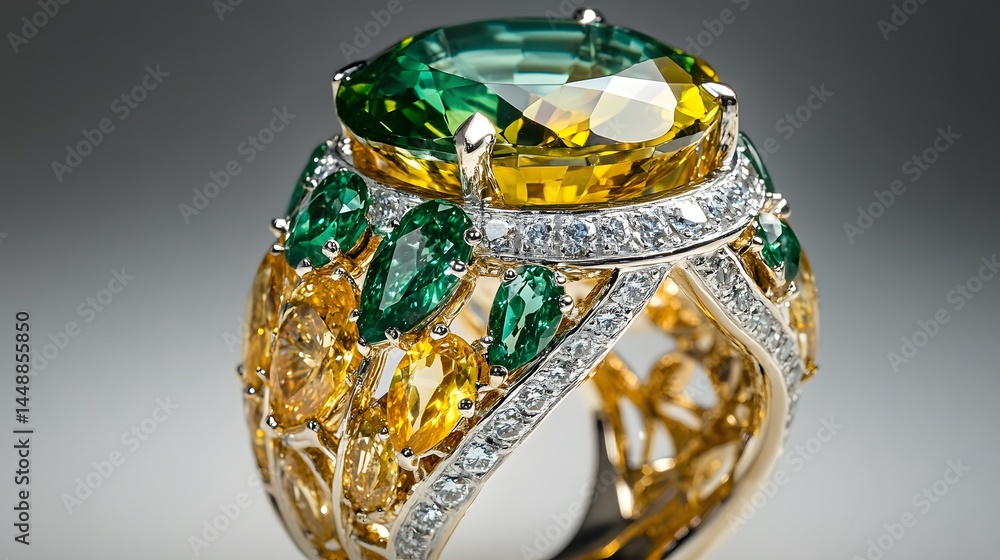 Eye-catching gemstone ring featuring a large green and yellow stone surrounded by smaller gems set in an ornate gold and diamond band. Eye-catching gemstone ring featuring a large green and yellow stone surrounded by smaller gems set in an ornate gold and diamond band.