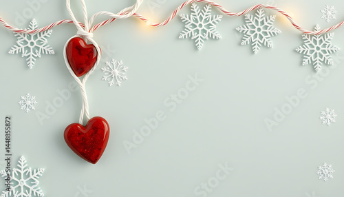 Christmas background with red stone heart, white cord, sugar snowflakes. Light green textured board, abstract geometric shapes and silhouette of christmas tree. Backdrop for winter holidays, 8k unre