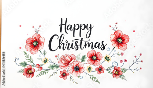 Christmas watercolor card with floral elements, doodle art. with white shades