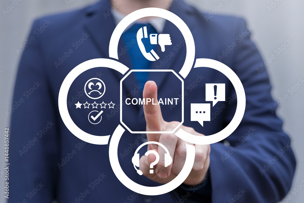 Person using virtual touch screen push text: COMPLAINT. Concept of client complaints, bad rating review, experience negative, low quality service, unhappy customers. Complaint business client.